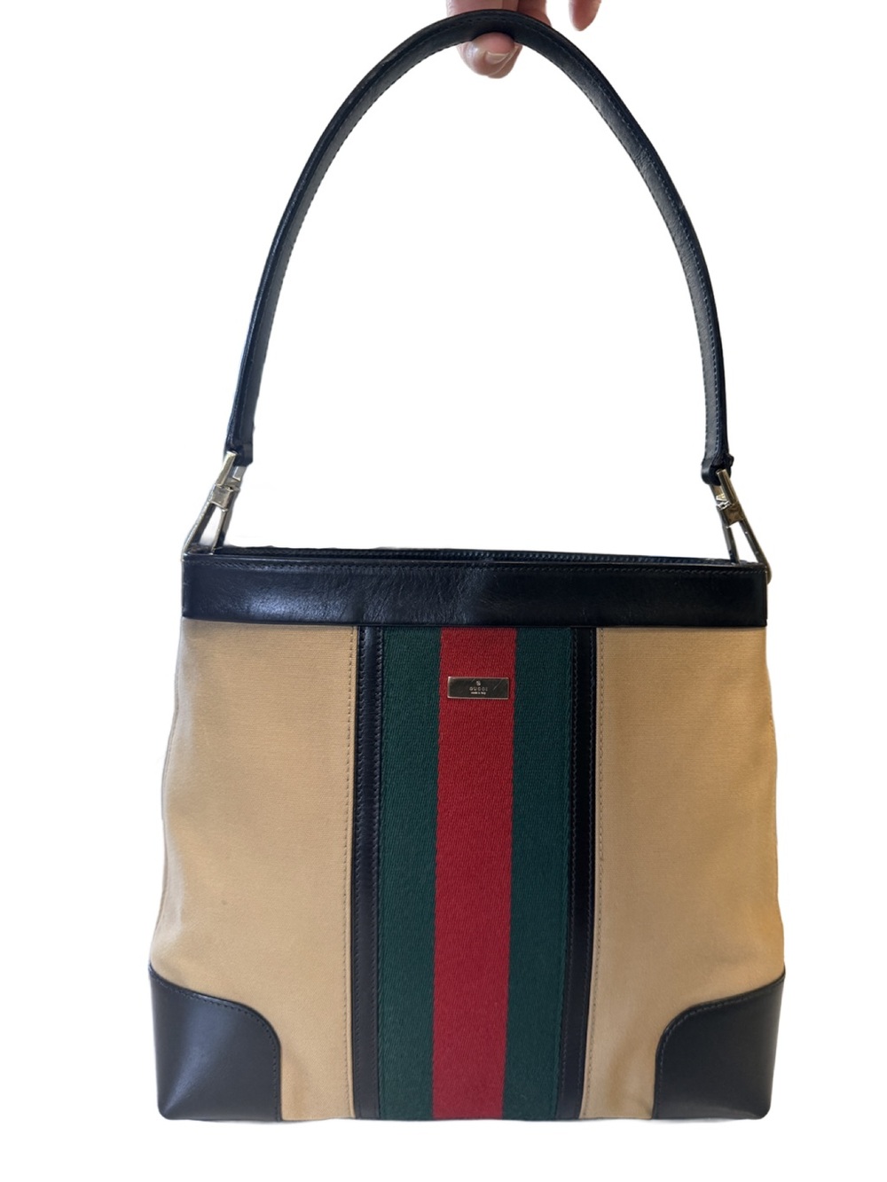 Gucci Beige Web Stripe Canvas Shoulder Bag Dark Brown Leather